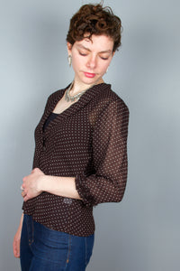 3/4 Sleeve Rayon Georgette "Feminine" Top - Brown, White Dots