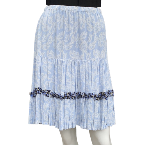 Flirty Skirt blue/ white paisley with black/ blue/ white floral trim.